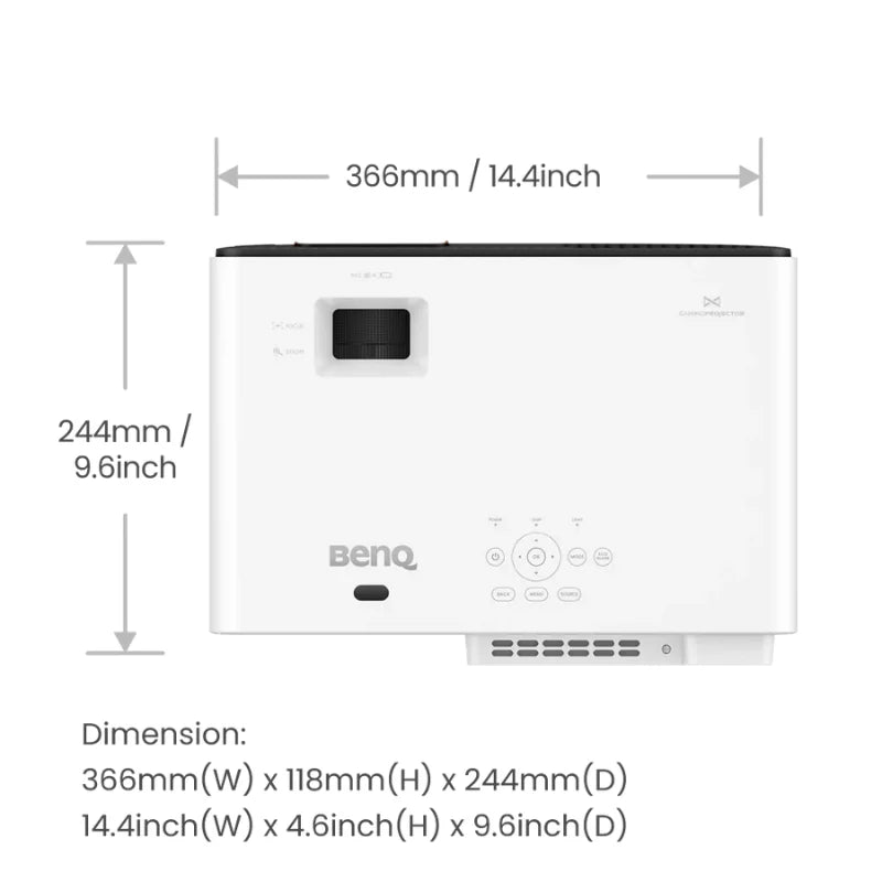 BenQ x500i gaming short throw projector top dimension view