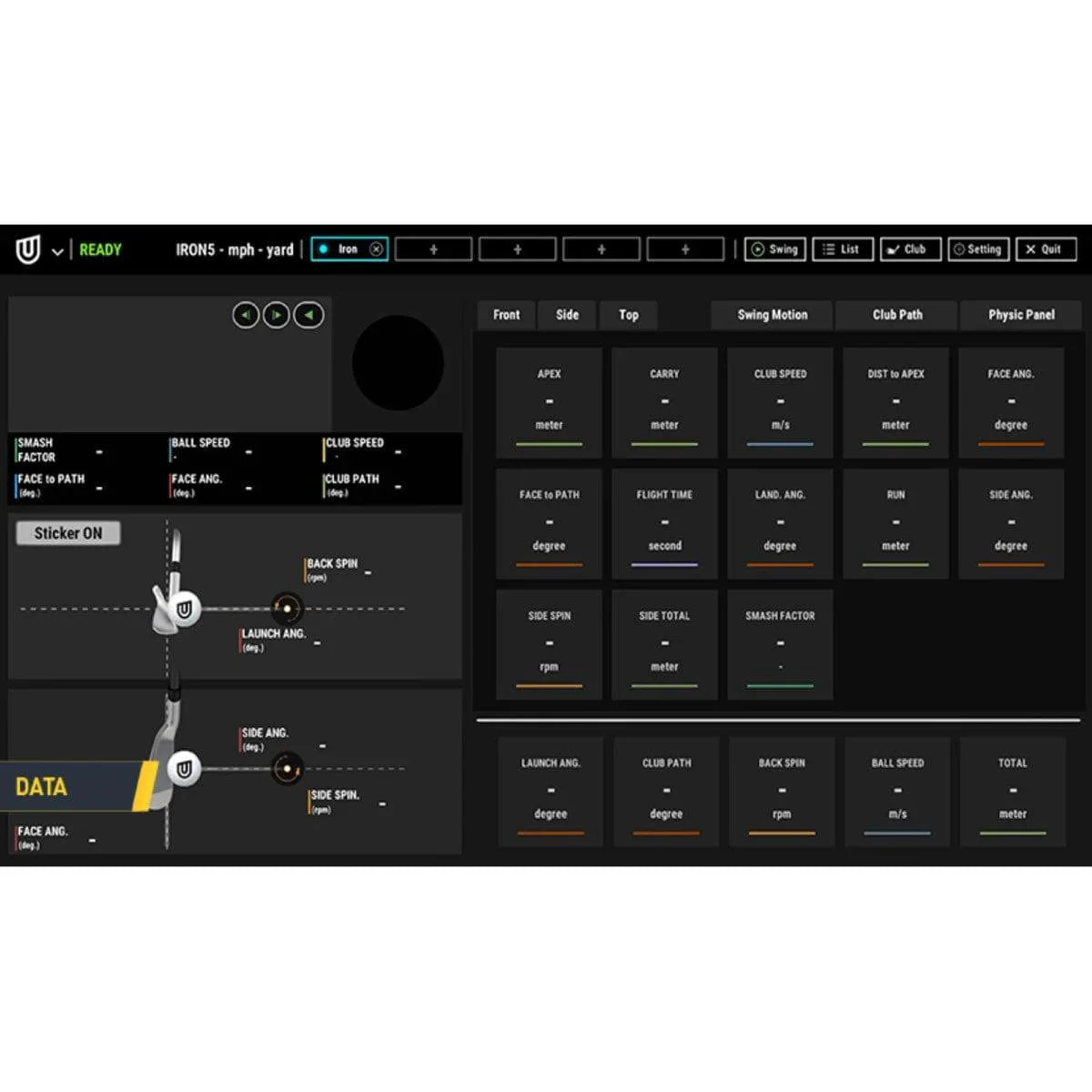 golf simulator software data shot with club face