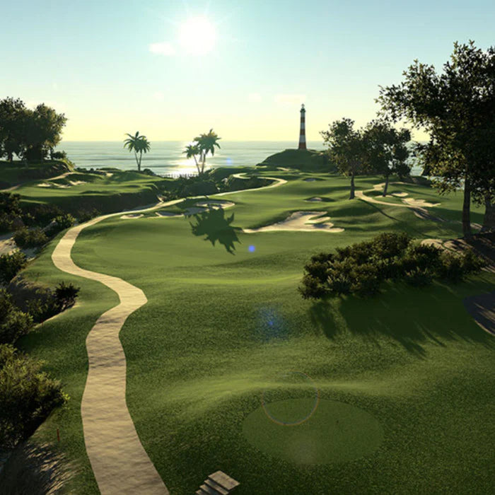 golf simulator course play shot with lighthouse and ocean